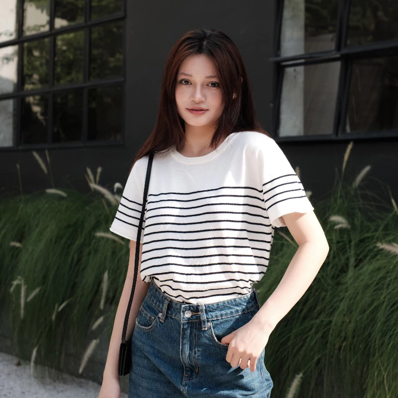 Áo Thun Nữ Sọc Len Dệt Kim, Áo Phông Kiểu Kẻ Sọc Ngang Tay Ngắn - MONO TOP - THE J STUDIO