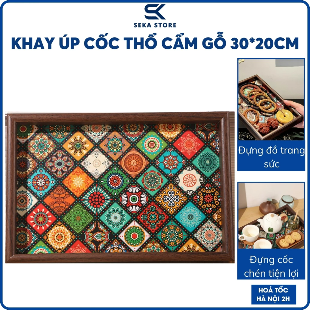 Khay Gỗ Thổ Cẩm Đa Năng – Đựng Cốc, Trang Sức, Decor Bàn – Sang Trọng & Tiện Lợi