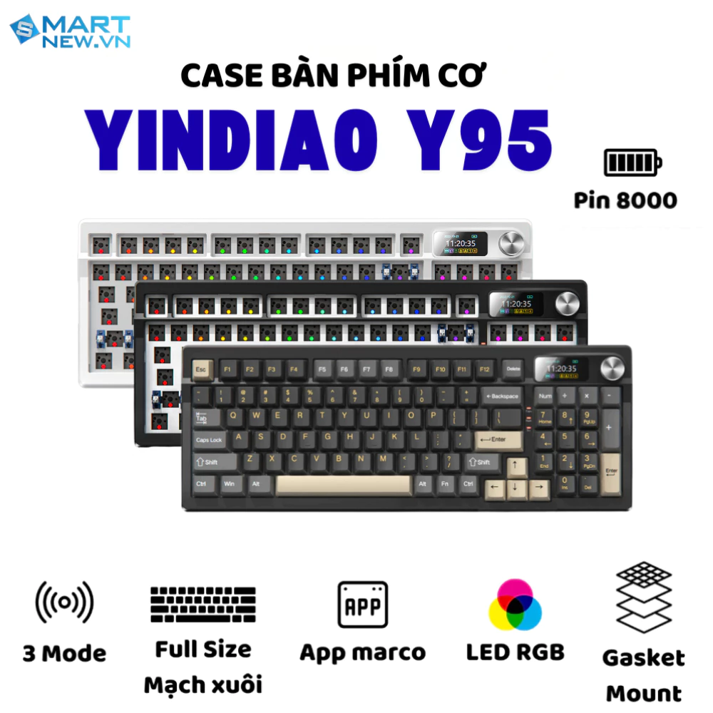 Case bàn phím không dây Yindiao Y95 - 3 mode Full size - Mạch xuôi 5 pin- Màn hình hiển thị - Hỗ trợ driver - Pin 800