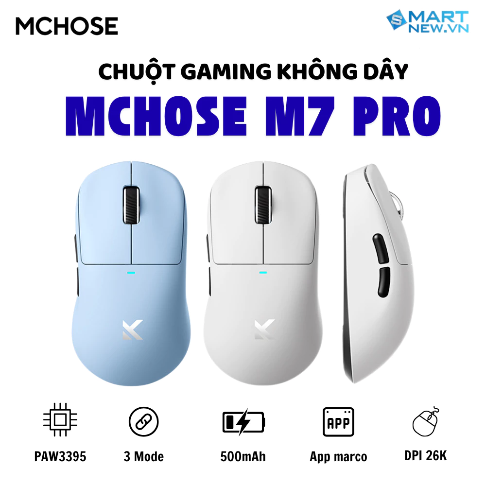 Chuột không dây MCHOSE M7 PRO - 3 mode kết nối - Paw3395 - DPD 26000 - Pin 500mAh - APP tùy chỉnh