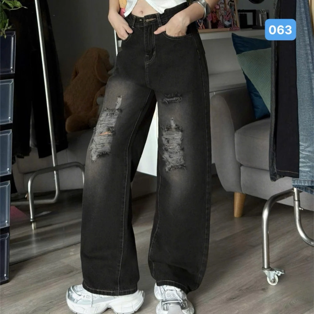 Quần jean baggy nữ suông màu đen phối xám rách phong cách Ulzzang - Quần jean nữ ống rộng OBOKFASHION QBG063