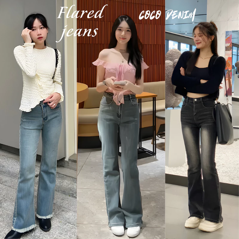 Quần jean nữ ống loe suông Cạp Cao Vintage,Quần bò nữ wash 3 màu SMOKE GREY dáng suông loe phong cách Retro Ulzzang 2025