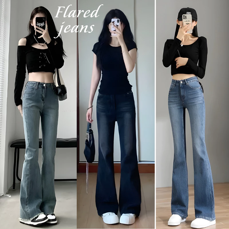 Quần jeans nữ ống loe co giãn Đen Wash Rêu, quần bò loe nữ ống đứng suông rộng CẠP CAO phong cách RETRO Hottrend 2025