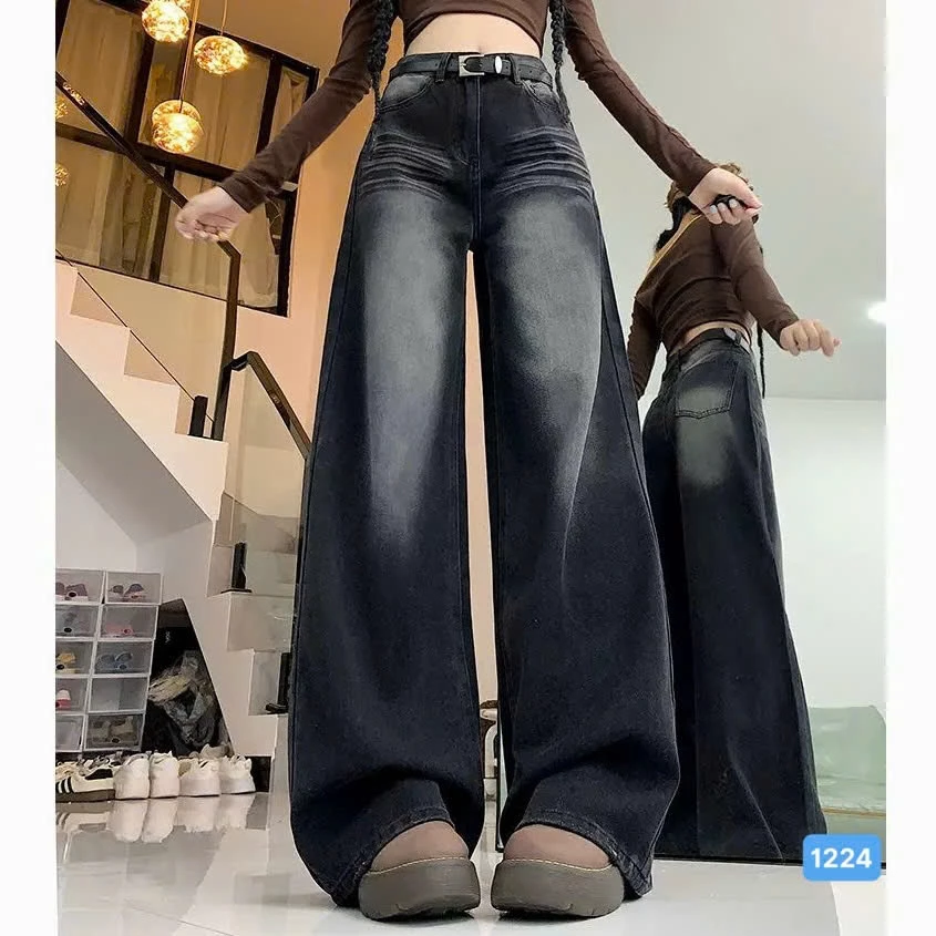Quần jean baggy nữ suông màu đen phối xám phong cách Ulzzang - Quần jean nữ ống rộng OBOKFASHION QBG1224