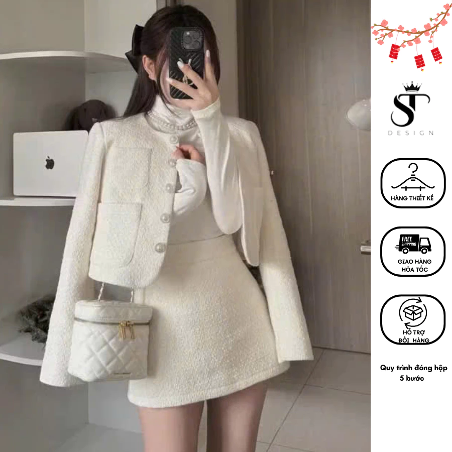Set  dạ Tweed loại 1 QC  cúc ngọc đệm cầu vai mix chân váy nữa dáng A - ST Design - 45