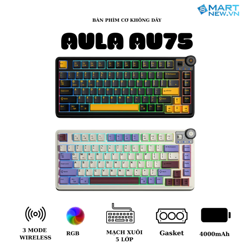 Bàn phím cơ Aula Au75 - 3 mode kết nối - Mạch xuôi - Led RGB - Núm vặn - Có app tùy chỉnh