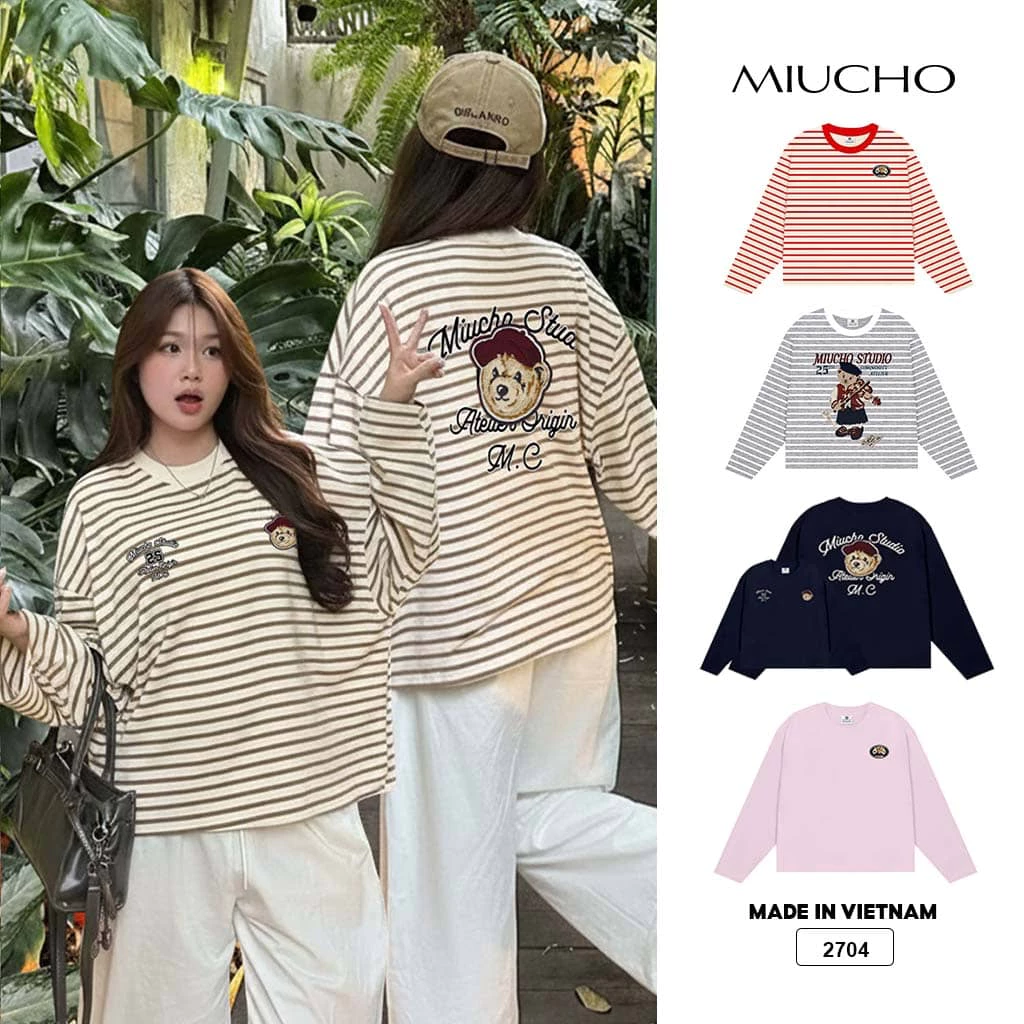 Áo thun boxy tay dài unisex Miucho dày dặn thoáng mát BST gấu teddy nhiều màu in mix