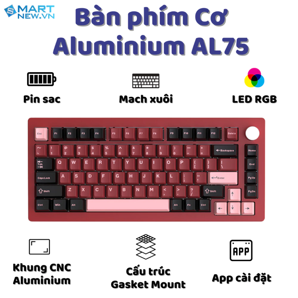 Bàn phím cơ Silent Atas AL75 V2 Khung nhôm CNC 3 mode kết nối - Led RGB - Pin sạc 4000 mah - Mạch xuôi
