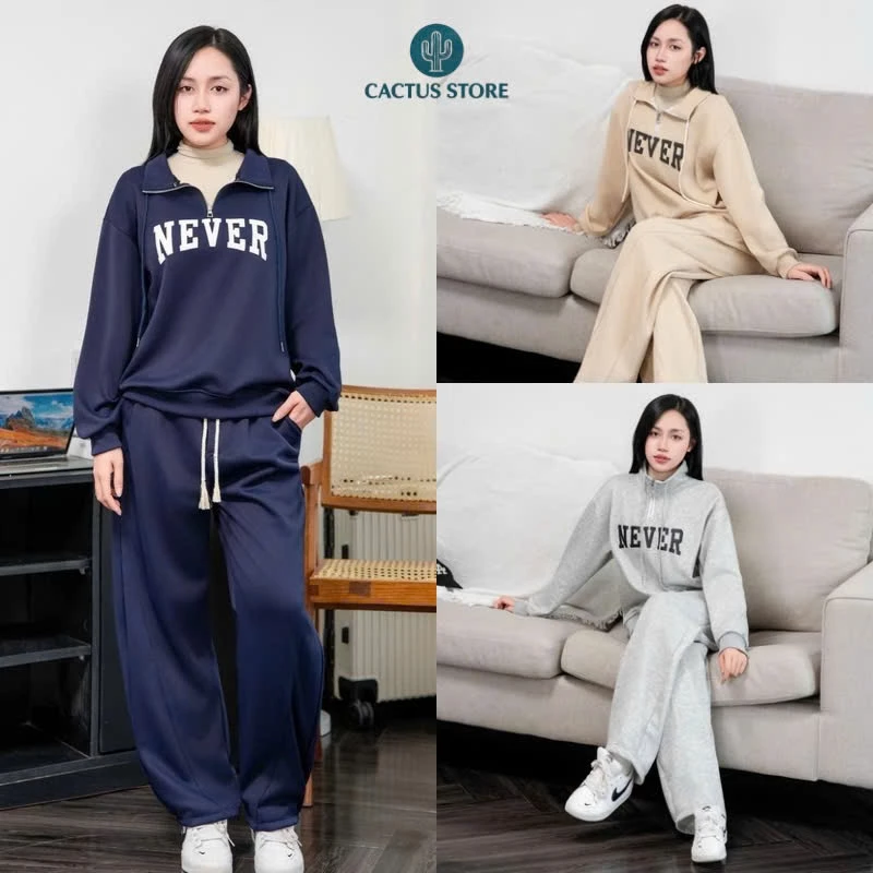 (DEAL MỞ BÁN) Set nỉ 2 da nam nữ, áo sweater có khoá kéo phong cách cá tính, set nỉ cổ kéo khoá thời trang thu đông