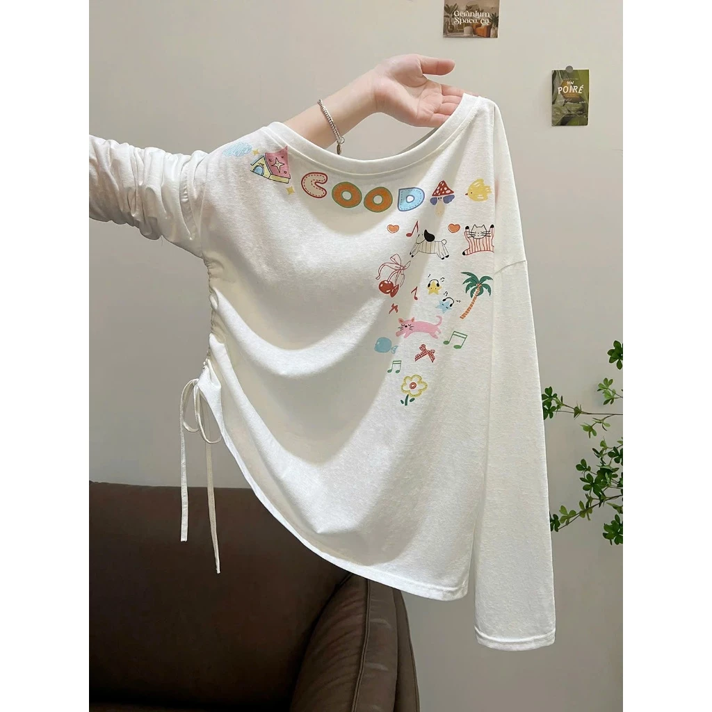 Áo Lệch Vai nữ Rút Dây thun xược Menina_studio, áo thun giấy tay dài kiểu cổ thuyền form rộng in hình thời trang