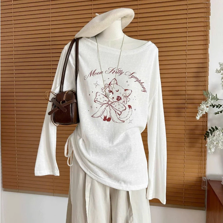 Áo Lệch Vai nữ Rút Dây thun xược  in mèo xinh Menina_studio, áo thun giấy tay dài kiểu cổ thuyền form rộng