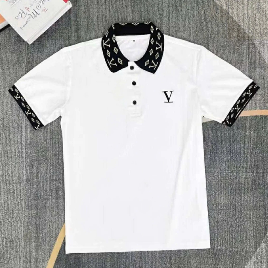 [BST 2025] F.S.SHOP68 - Áo thun nam tay ngắn cổ bẻ bo dệt màu ĐEN/TRẮNG in V vải thun da cá mềm thấm hút mồ hôi tốt