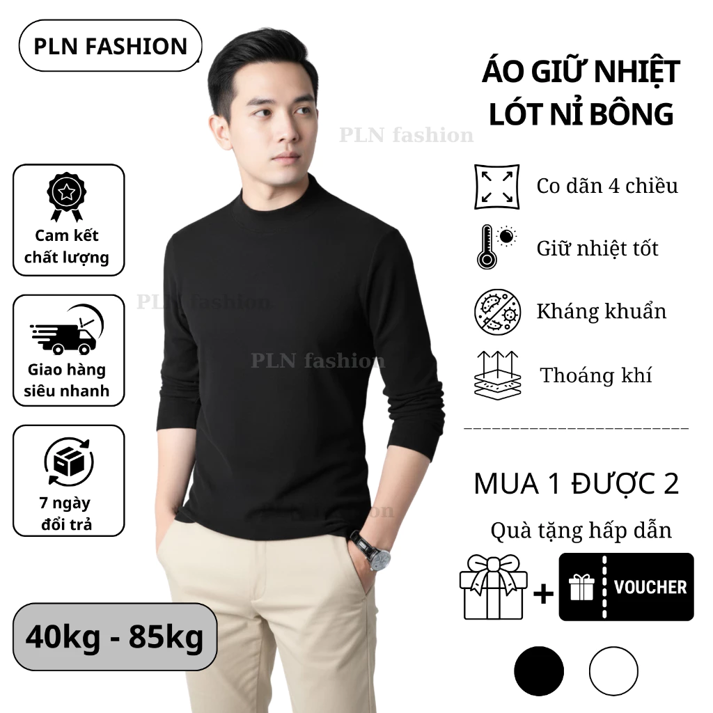 Áo giữ nhiệt nam dài tay lót nỉ bông kiểu dáng thể thao màu đen, áo thun thu đông cổ cao chất nỉ cao cấp PLN fashion