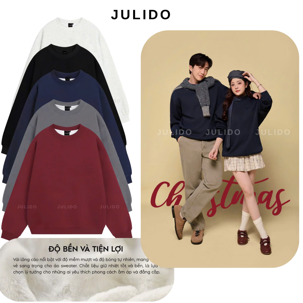 JULIDO Áo Sweater Trơn lông cáo Basic Form Rộng Cấp Cổ Tròn Thoải Mái Mùa Đông Size M L XL XXL