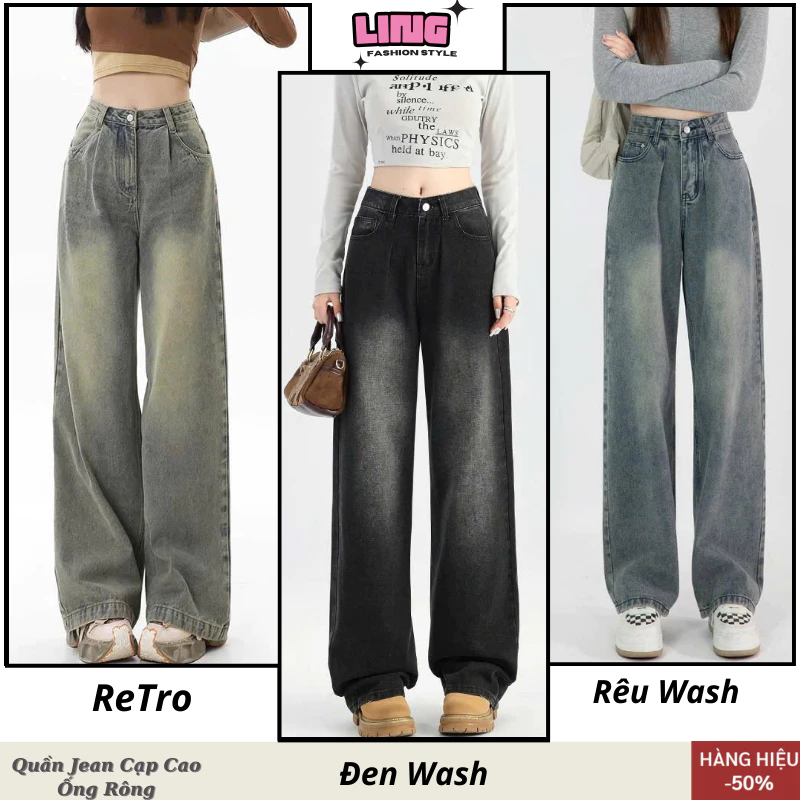 Quần jean ống rộng Retro nữ LINGSHOP, quần jean nữ CẠP CAO màu WASH BỤI dáng suông đứng style Vintage