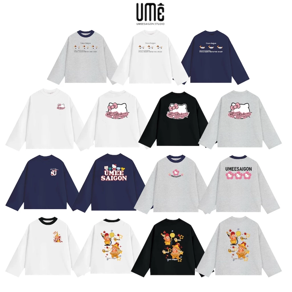 UMEESAIGON Áo Thun Tay Dài Form Boxy Cổ Tròn "UMEE Mèo Hồng+Chó Sọc+Mèo Nơ Đỏ+Mèo Hoa"