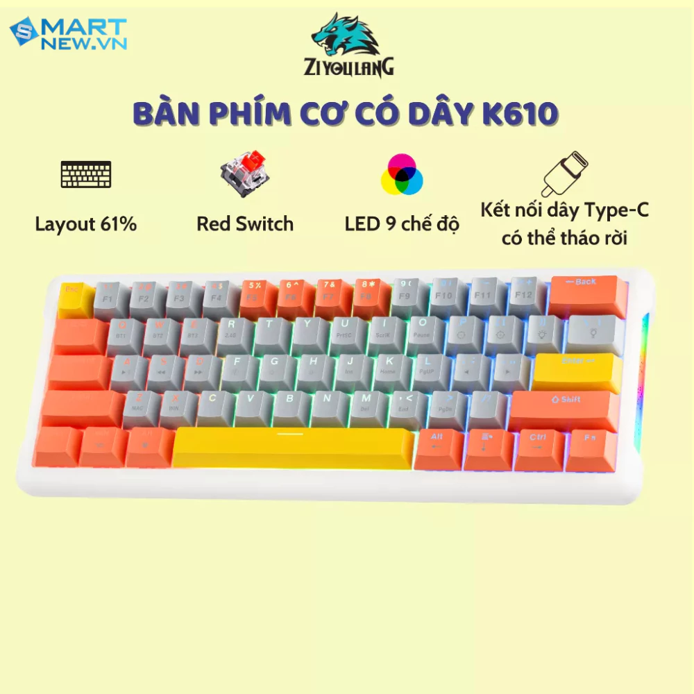 Bàn phím cơ có dây ATAS K610 Layout 61% - Red swtich - LED Rainbow 9 chế độ - Có Hotswap