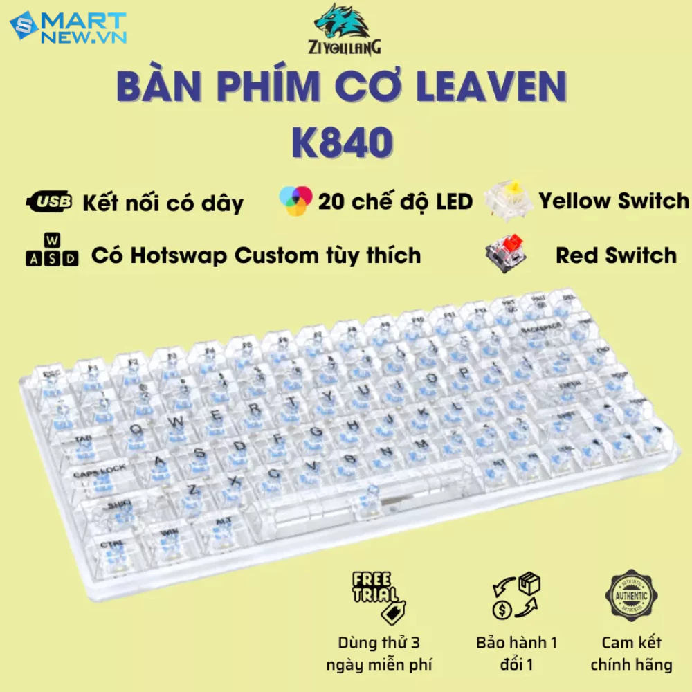 Bàn phím cơ Gaming TKL trong suốt K840 84 phím - 20 chế độ LED Rainbow - Hotswap - Red/Yellow Switch