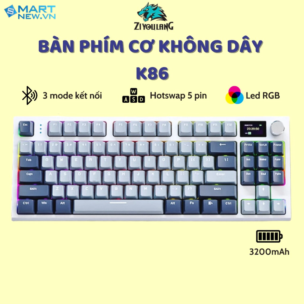 Bàn Phím Cơ Không Dây Bluetooth Ziyou K86 LED RGB APP MARCO Có Núm Xoay HOTSWAP 5 Pin Lót Foam