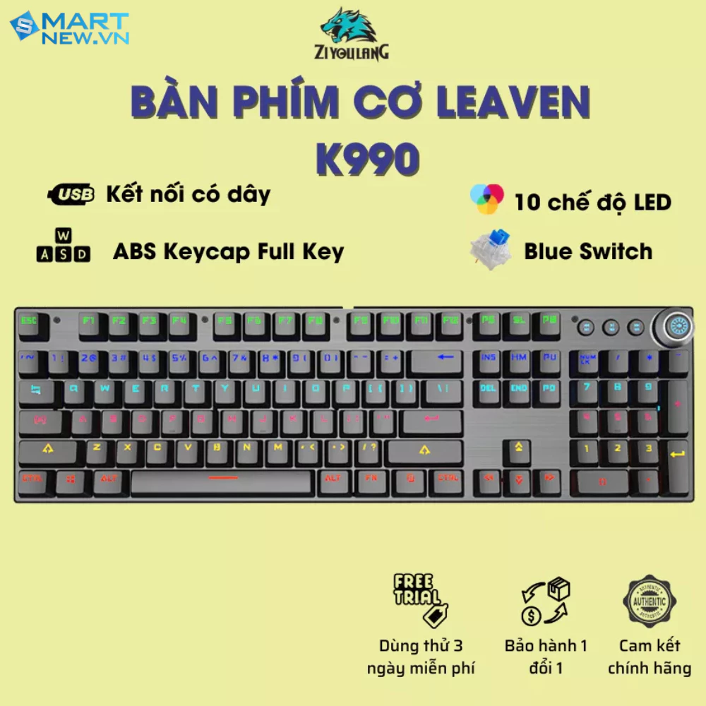 Bàn phím cơ Gaming Leaven K990 - LED RGB Rainbow - chống nước - chống bụi - Blue Switch
