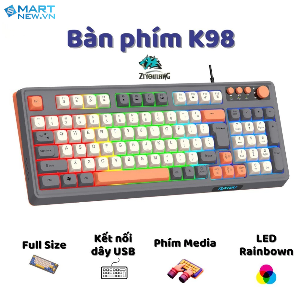 Bàn phím giả cơ Gaming RaiKu K98 full size - Led Rainbow siêu đẹp - Có núm xoay - Phím BPT - Gõ êm