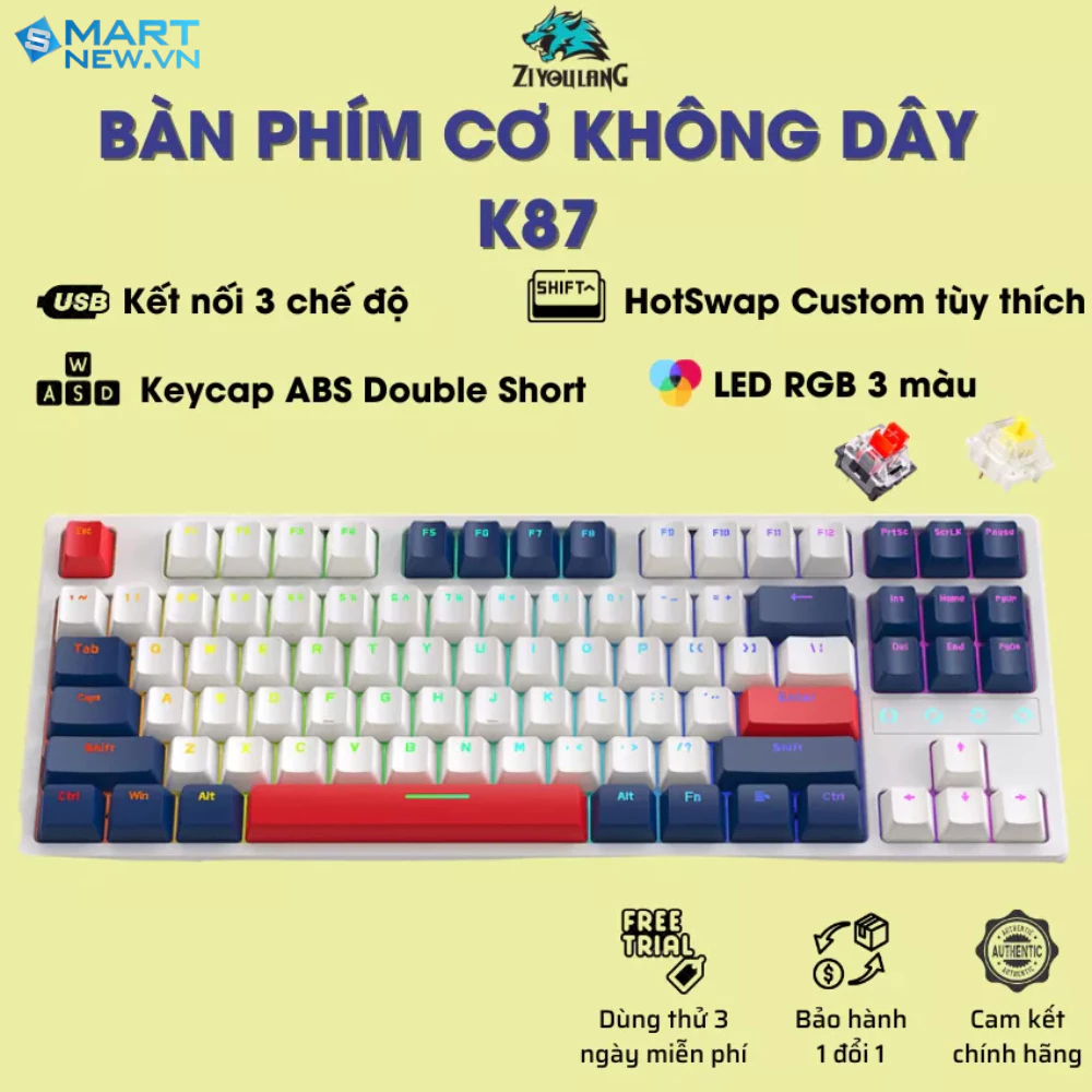 Bàn phím cơ K87 Ziyou - Hotswap - LED RGB - Red switch - 3mode - Foam tiêu âm
