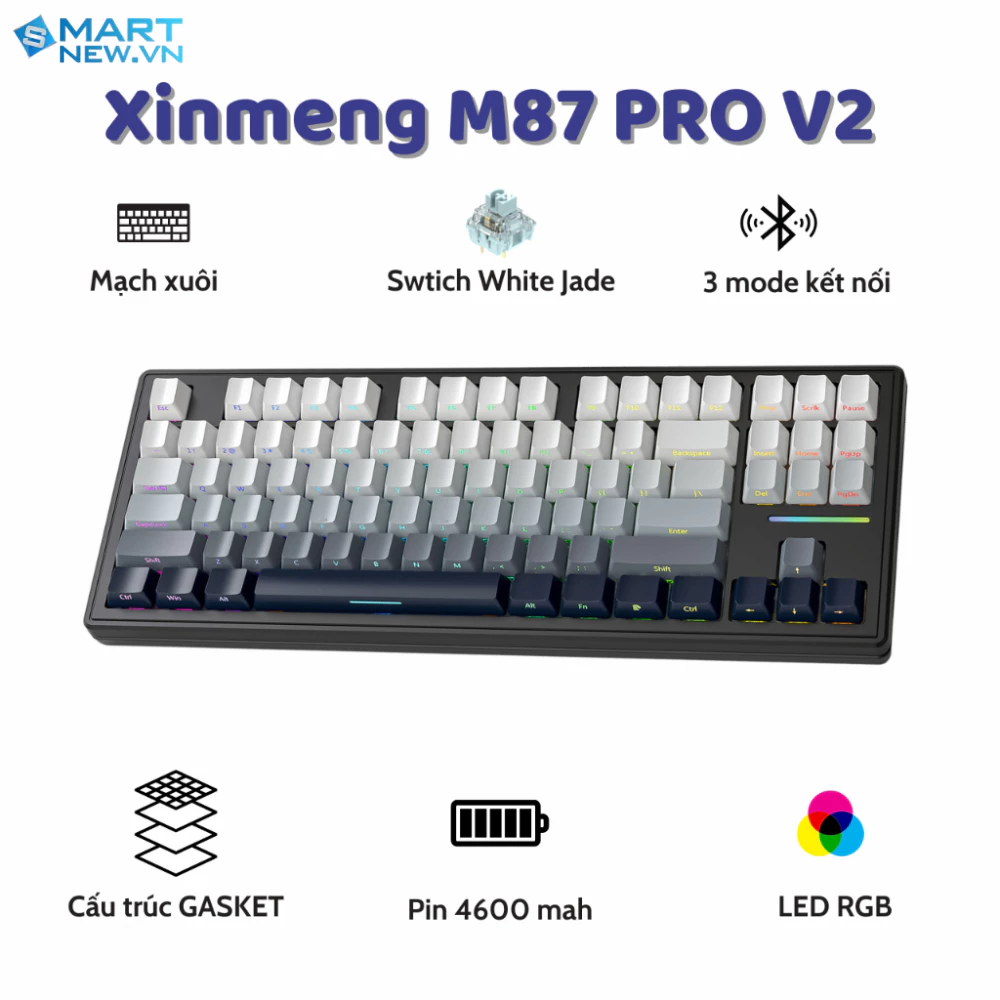 Bàn Phím Cơ Xinmeng M87 V2 Không Dây Bluetooth Gaming LED RGB Pro App Custom , White Switch , Hotswap , 3 Mode