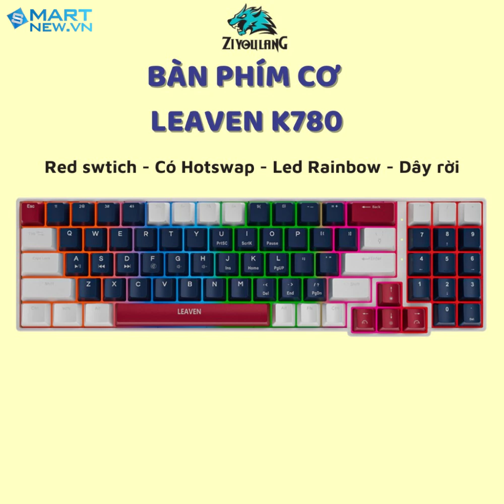 Bàn Phím Cơ Full Size Leaven K780  - Red Switch - Có Hotswap - Led Rainbown - Dây rời - Hỗ trợ mọi thiết bị