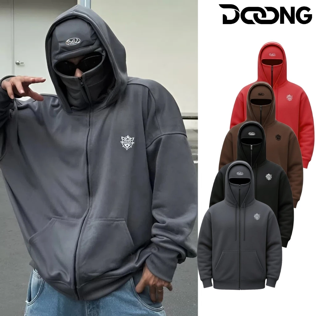 Áo Khoác NỈ NINJA FULL FACE THÊU LOGO Nỉ Bông có khóa kéo zip KN14, Áo Khoác CAO CẤP 2 mũ Nam Nữ Form Rộng DOONG