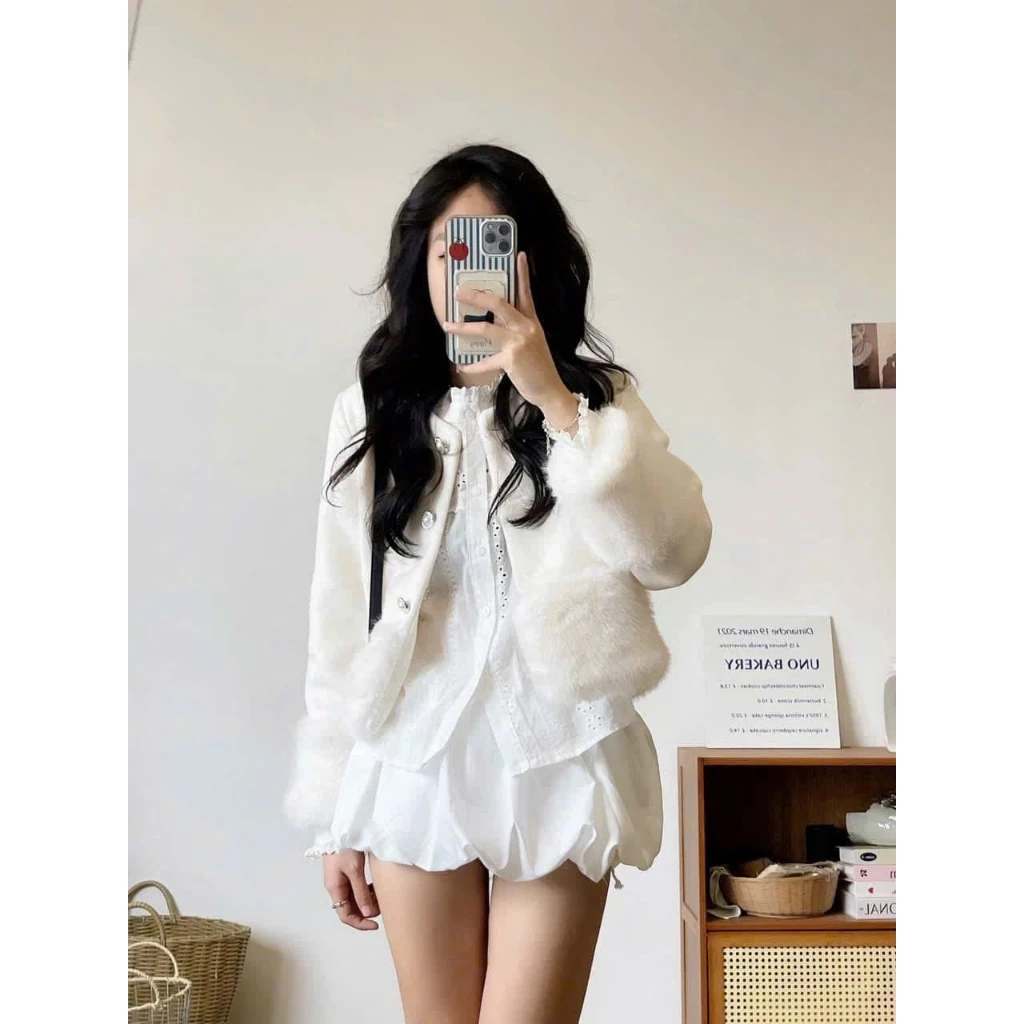 Áo khoác lông nữ 2 lớp phối lông tay form ngắn phong cách sang chảnh nữ, Áo dạ trắng 2 lớp cổ lông nữ siêu xinh