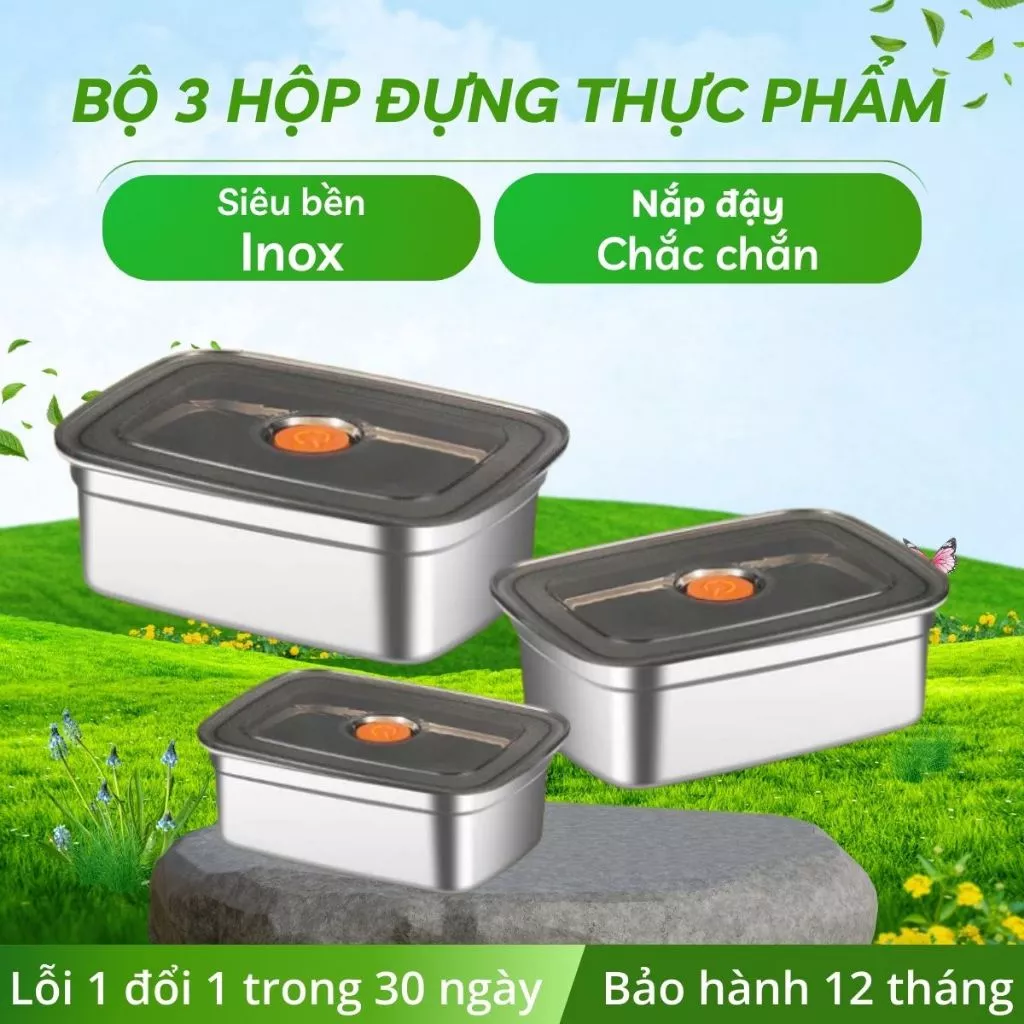 Set 3 hộp đựng thực phẩm Inox có nắp đậy lỗ thoát khí, hộp bảo quản thức ăn chịu nhiệt 3 kích cỡ