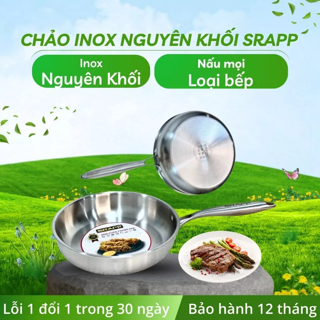 Chảo inox nguyên khối Srapp SH33, chảo chống dính đáy 3 lớp dùng cho mọi loại bếp, BH 12T