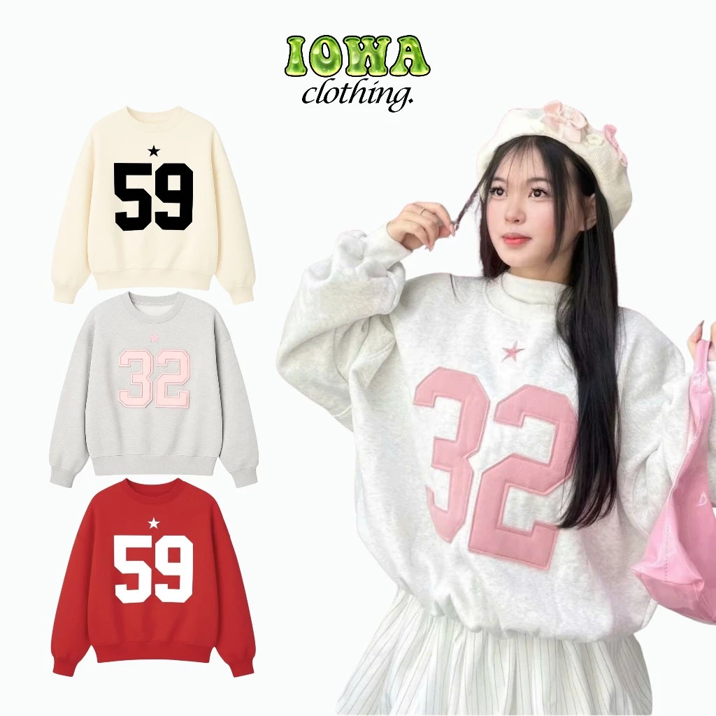 (XẢ HÀNG) Áo Khoác SWEATER THÊU NỔI SỐ 32 và 59 Nỉ Bông BM164, Áo Khoác Nam Nữ Unisex Form Boxy IOWA