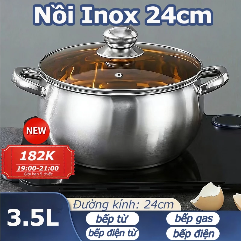Nồi Inox 24cm, Nồi Lẩu Inox 304, Dùng Cho Mọi Loại Bếp Có Nắp Tay Cầm