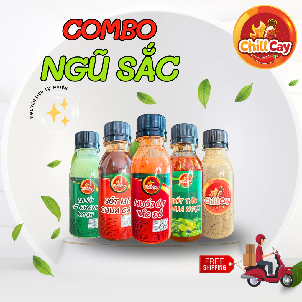 COMBO ngũ sắc150gr mỗi chai CHILLCAY sốt muối ớt xanh, muối ớt đỏ, muối tiêu wasabi, mắm tắc, mắm me