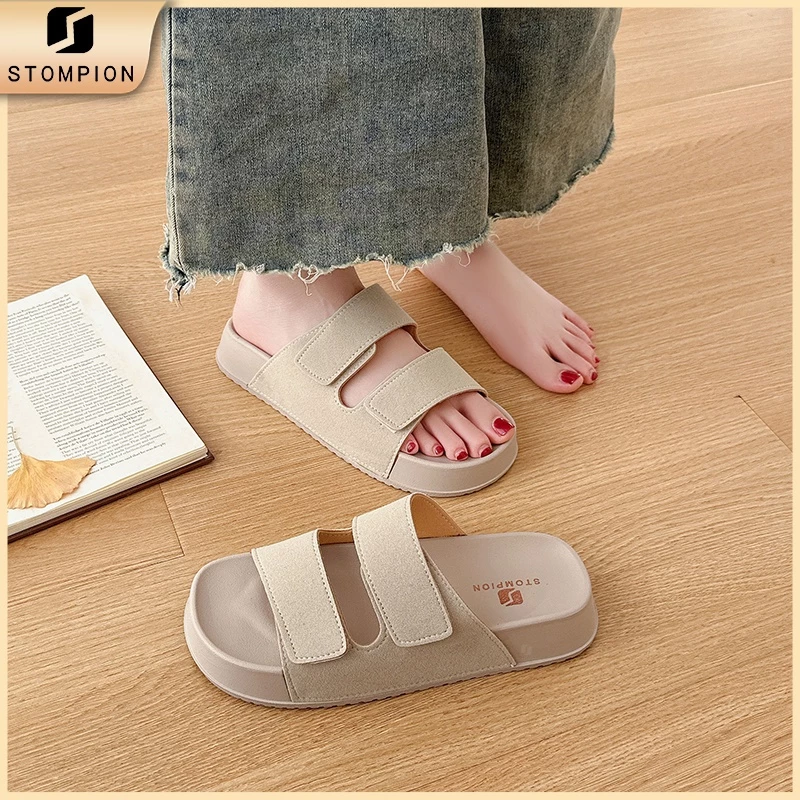 STOMPION Sandal nữ đế mềm casual：Kiểu Hàn tối giản 2 dây, khóa dán điều chỉnh linh hoạt