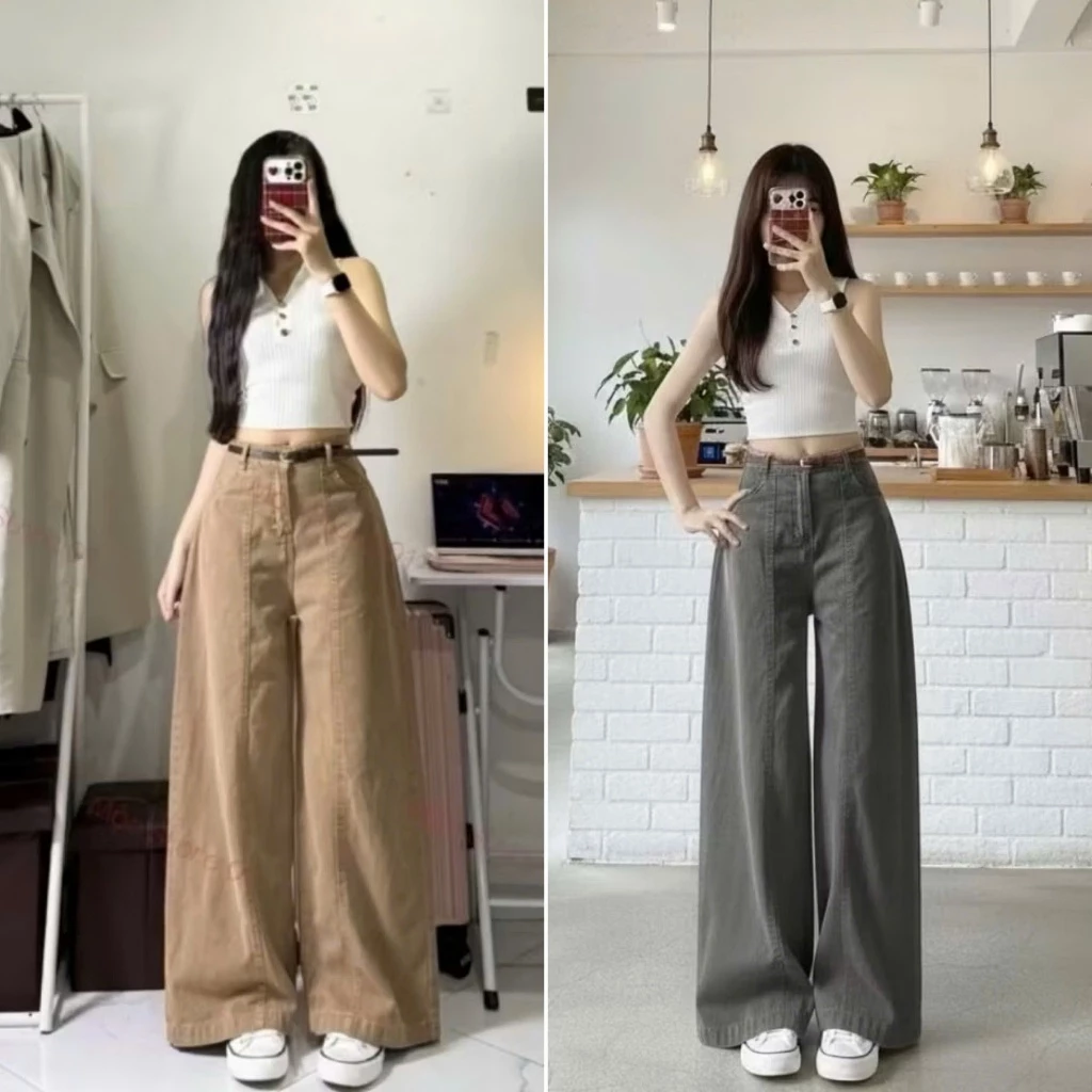 Quần Suông Jean Cạp Cao Màu Nâu Tây Thiết Kế Chắp Thân