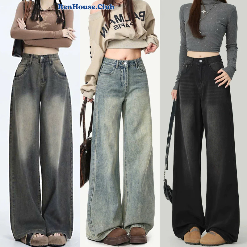 Quần Jeans Dài Wash Renhouse Suông Rộng Cạp Cao TônDáng Cực xinh MÀU Xanh WASH Xám Bạc Ống Đứng Phong Cách Retro Ulzzang