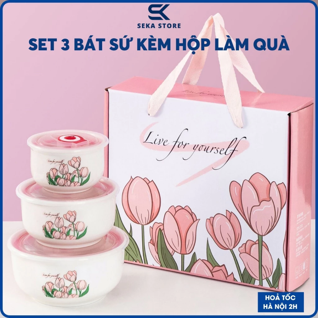 [TẶNG KÈM HỘP] Combo Set 3 Bát Sứ Hoa Tulip Có Nắp Hút Chân Không, Tô Sứ Cao Cấp Nhiều Hình