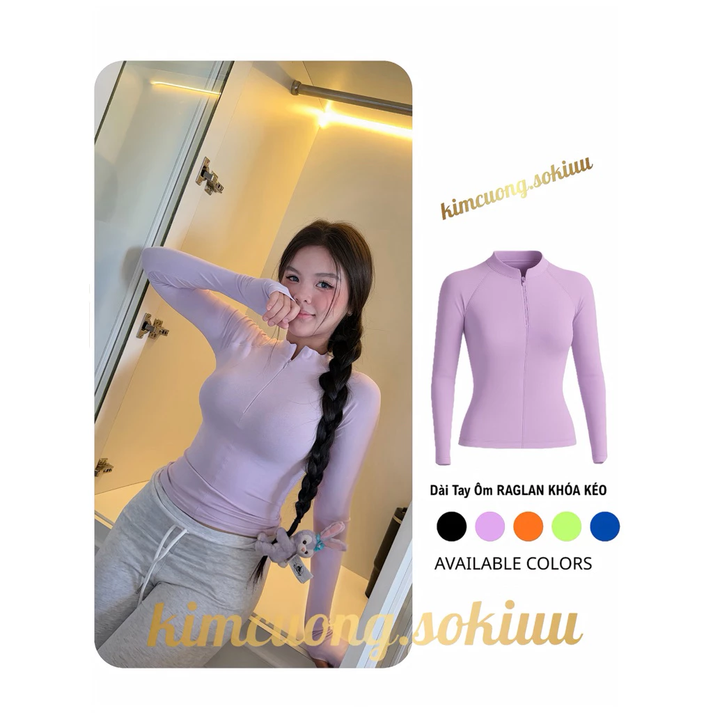 Áo dài tay ôm Raglan co giãn khoá kéo kimcuongsokiuu