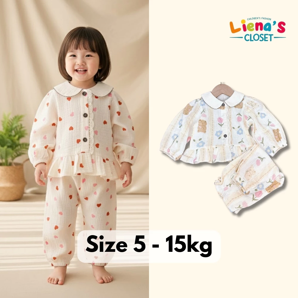 Bộ Pizama Dài Tay Bé Gái Cổ Sen Cài Cúc Cho Bé Yêu Siêu Xinh Nhà Liena'S Closet