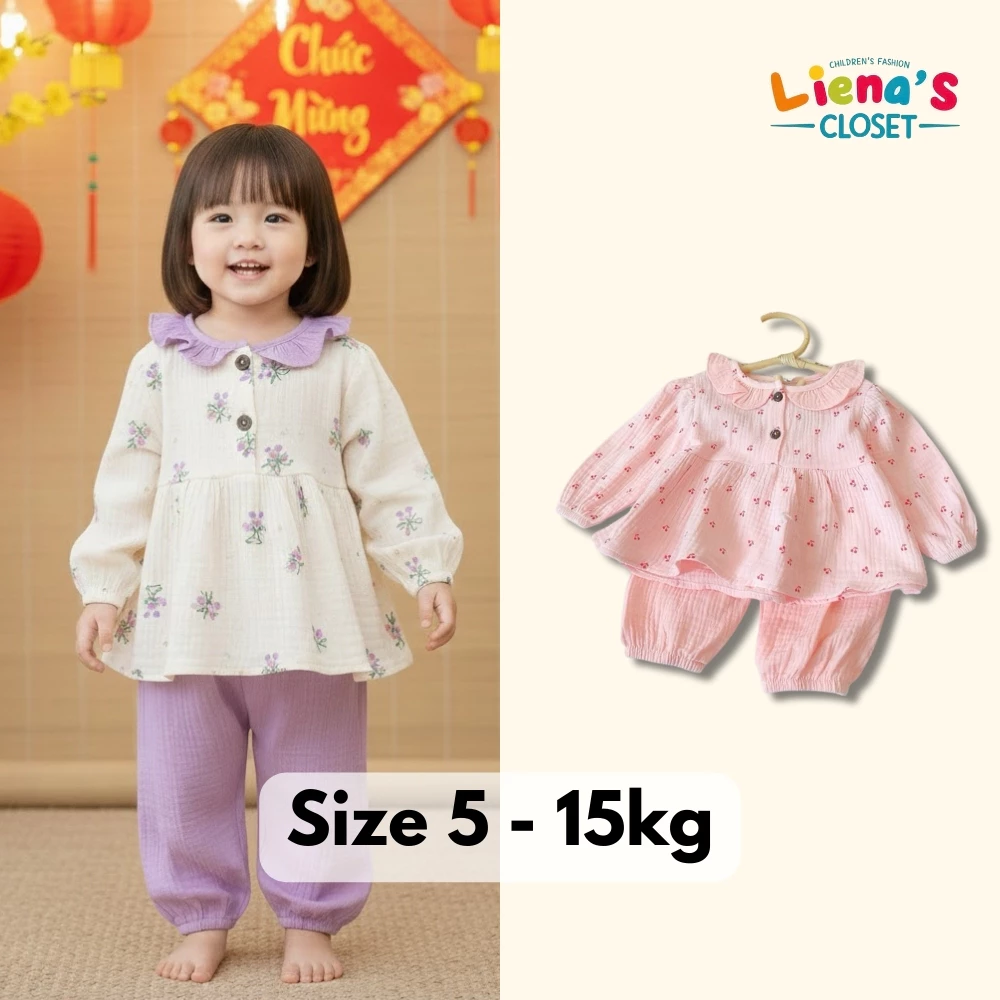 (XẢ KHO) Bộ Dài Tay Xô Muslin Dáng Cổ Sen Bèo Cho Bé Gái Thiết Kế Hiện Đại Chất Liệu An Toàn Cho Bé Liena'S Closet DT04
