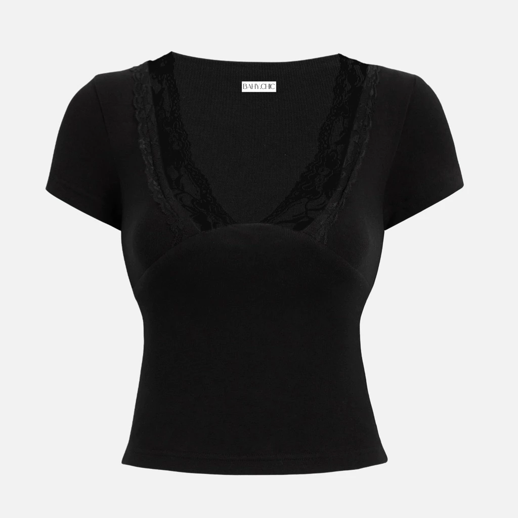 ( LACE V-TOP 002) Áo ren tay ngắn, kiểu dáng đơn giản hai lớp | BAHYCHIC