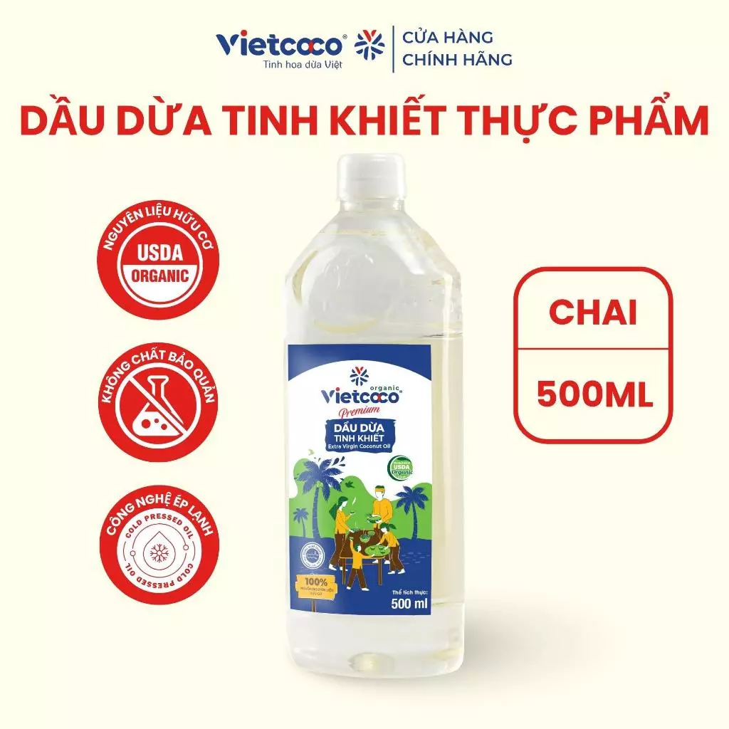 Dầu dừa tinh khiết ORGANIC Vietcoco chai pet 500ml