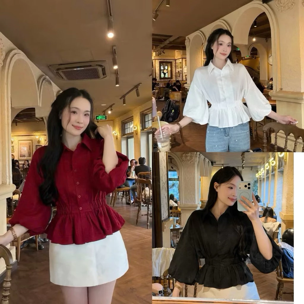 Áo sơ mi lưng chun tay bồng bo lưng chun xinh xắn, trẻ trung style thu đông Có Bigsize M4226