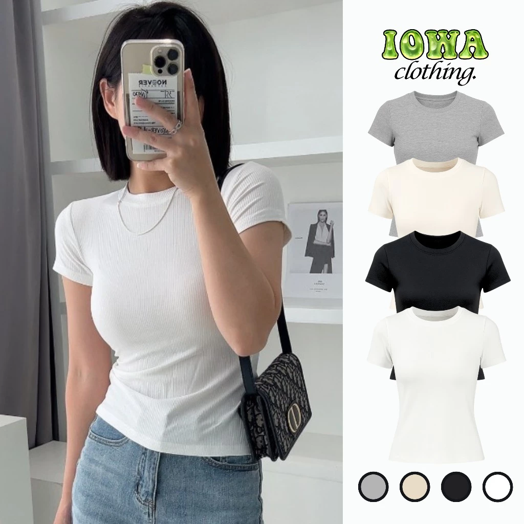 Áo Thun Nữ Tay Ngắn Cổ Tròn Ôm Body IOWA DD41 - Thun Gân Dày Dặn, Co Giãn