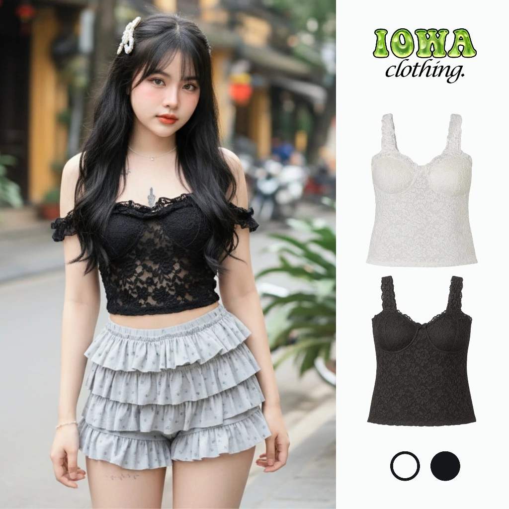 (XẢ HÀNG) Áo Hai Dây ĐÍNH NƠ PHỐI BÈO Thun Ren Lưới Có Mút Ngực Kiểu Sexy BM26, Áo Xuyên Thấu Ôm Body IOWA