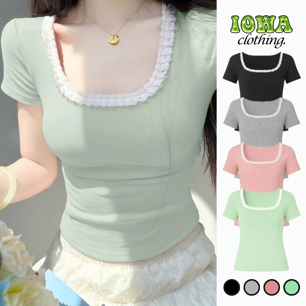(XẢ HÀNG) Áo Thun Nữ Tay Ngắn Cổ U Phối Ren Ôm Body IOWA BM249 - Thun Gân Co Giãn