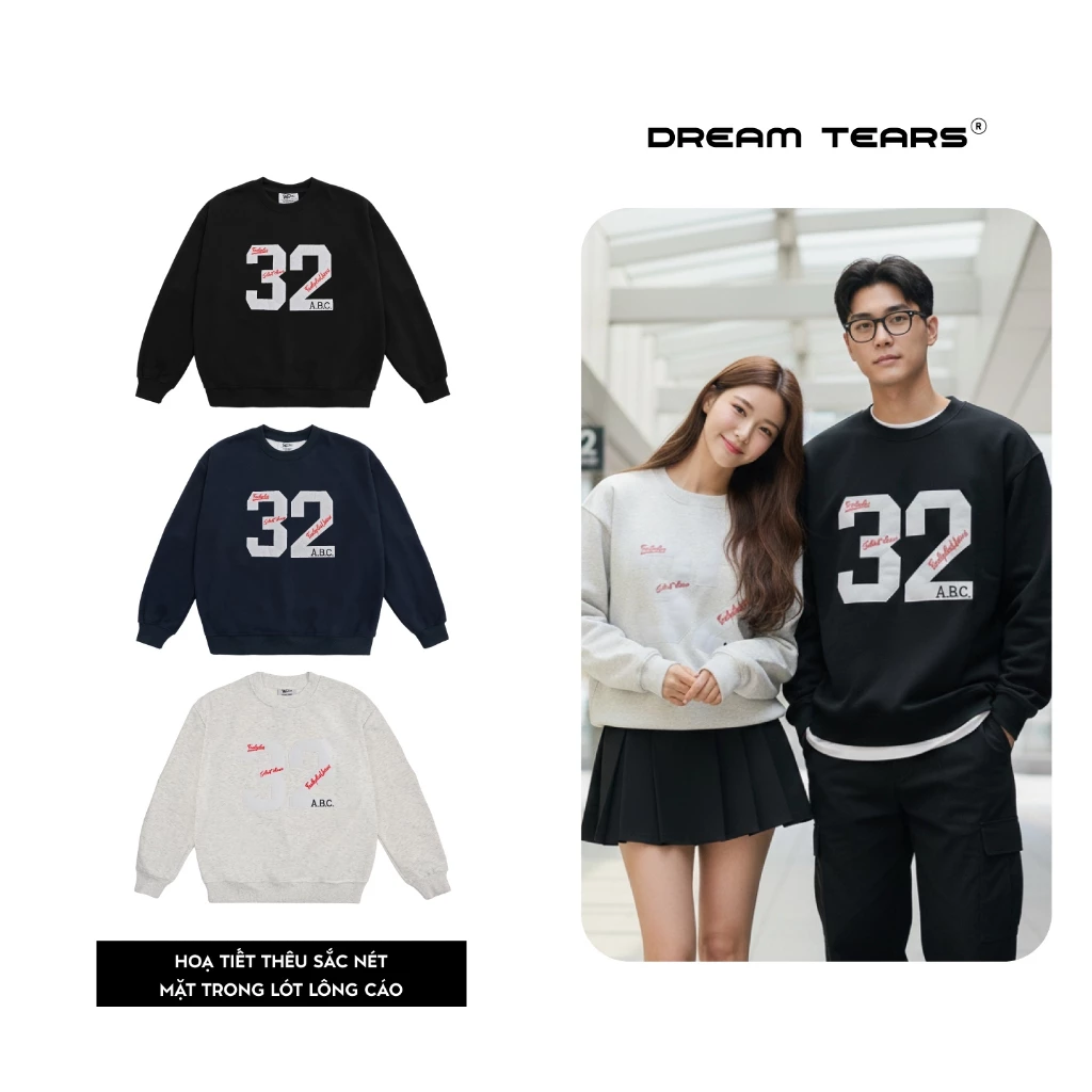 Áo Sweater Cổ Tròn Nam Nữ Dream Tears , CHỮ THÊU , Chất Liệu Nỉ Lông Cáo Cao Cấp From Unisex Phong Cách Sang Trọng NW4