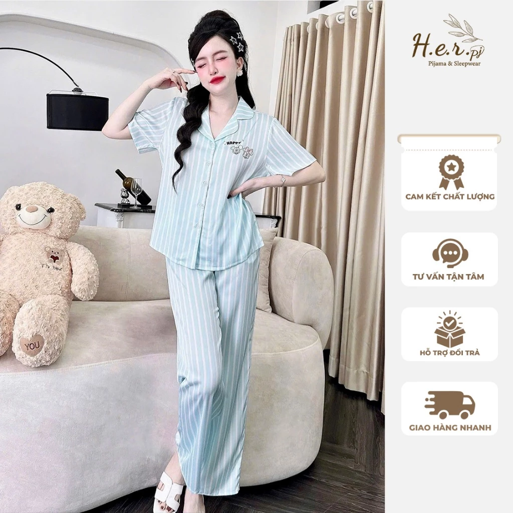 Set đồ ngủ nữ mặc nhà HER Pijama lụa latin tơ tằm cao cấp tay ngắn quần dài dễ thương